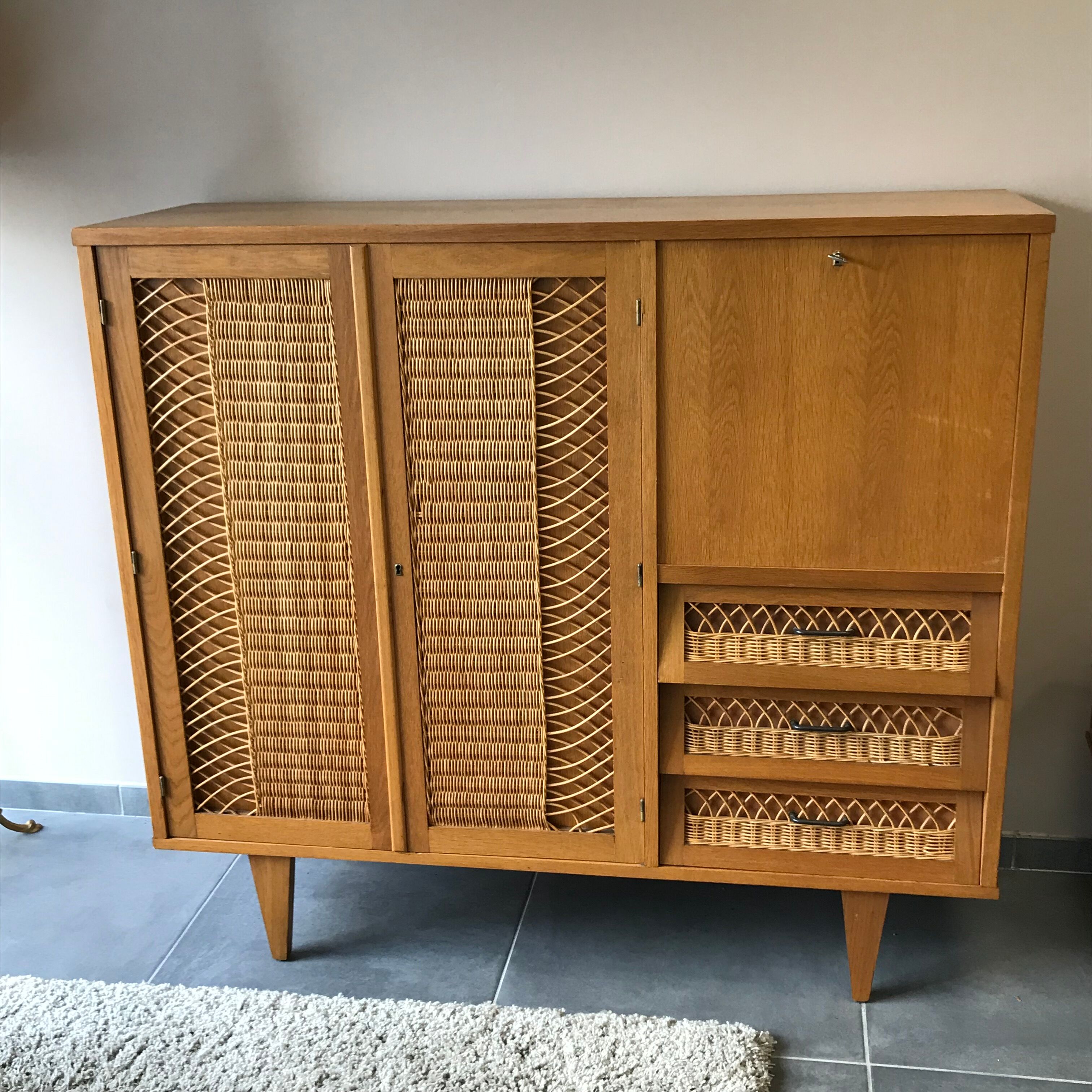 Furniture with wooden secretary and rattan
