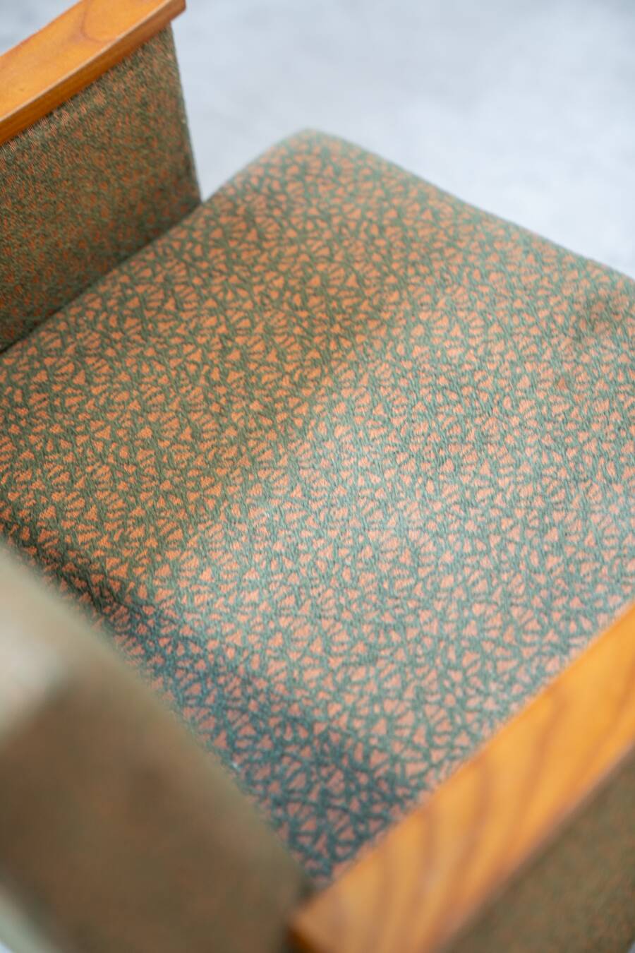 Pair of vintage armchairs in oak and embossed fabric, with old republished certificate of authenticity