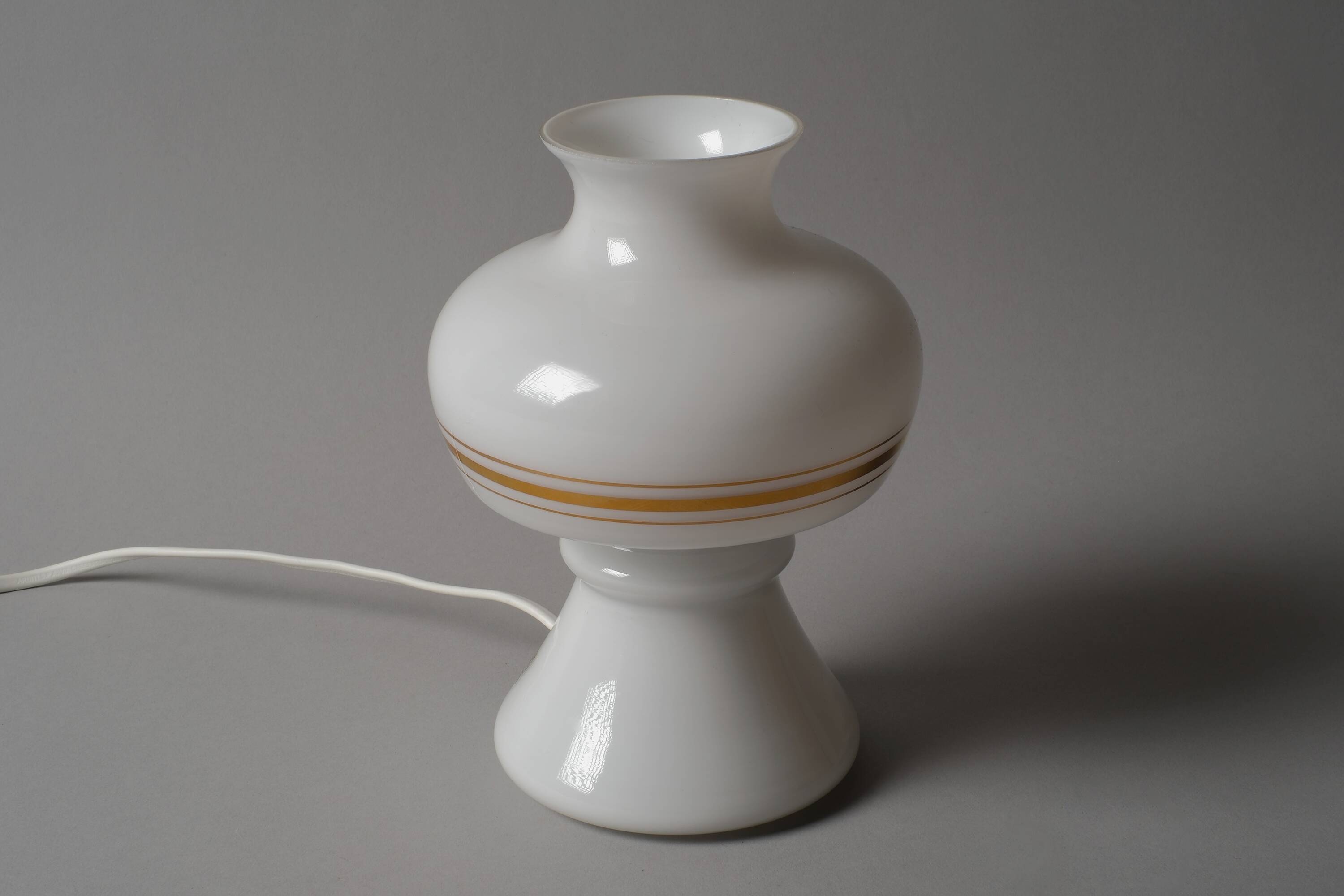 Flygsfors Orrefors White Opaline Glass Mushroom Lamp with Golden Bands, 70s