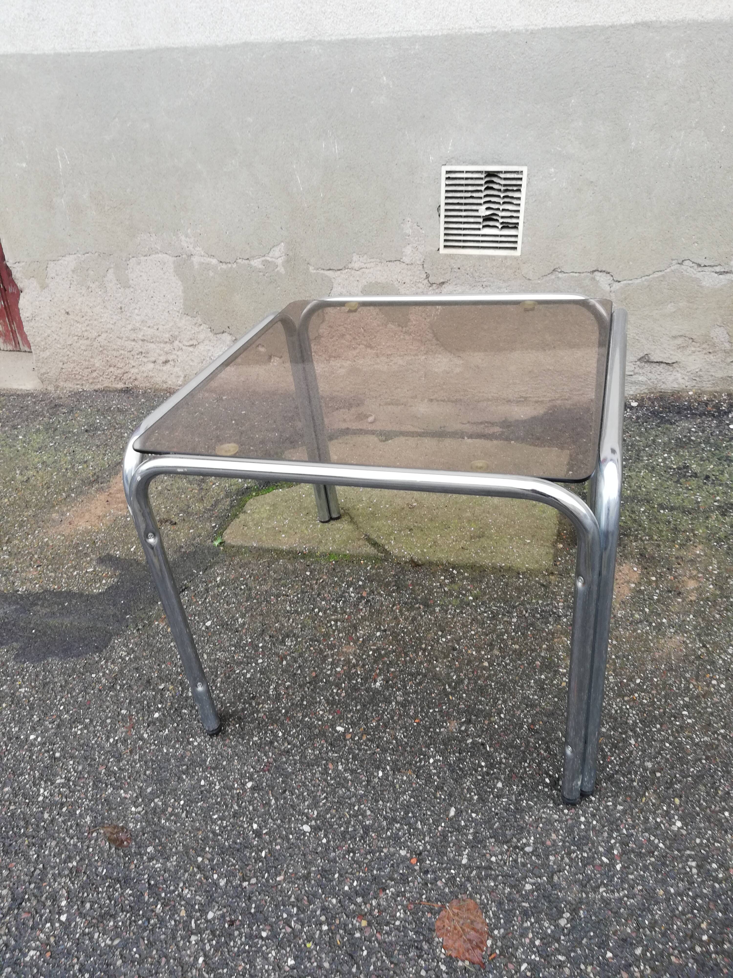 Table basse vintage chrome et verre fumé marron