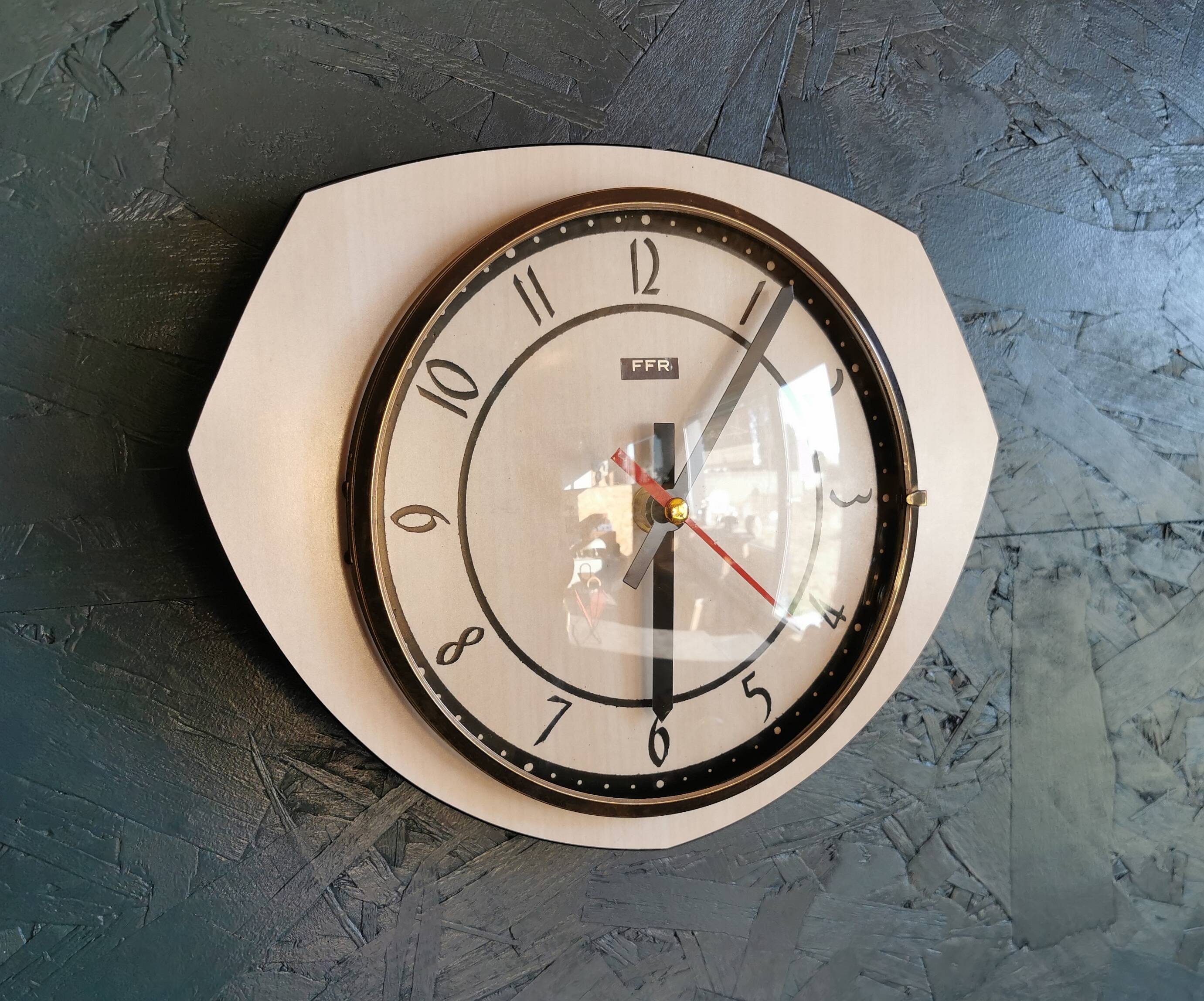 Vintage formica clock octagonal silent wall pendulum "FFR black white ash"