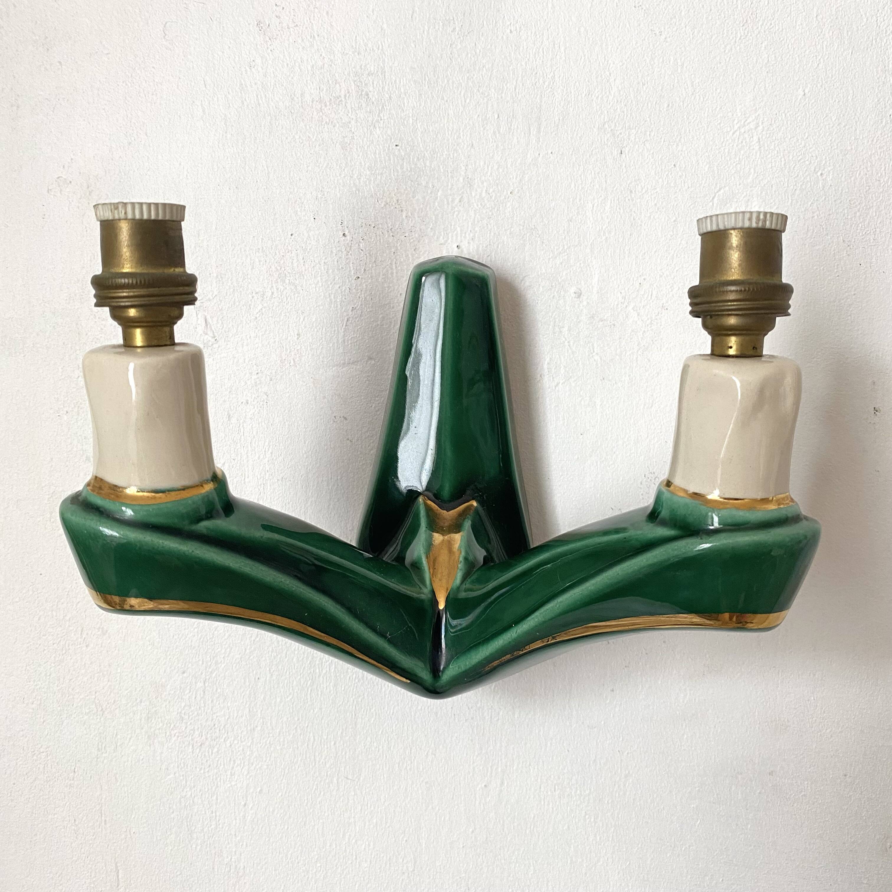 Pair of double art deco ceramic wall lights