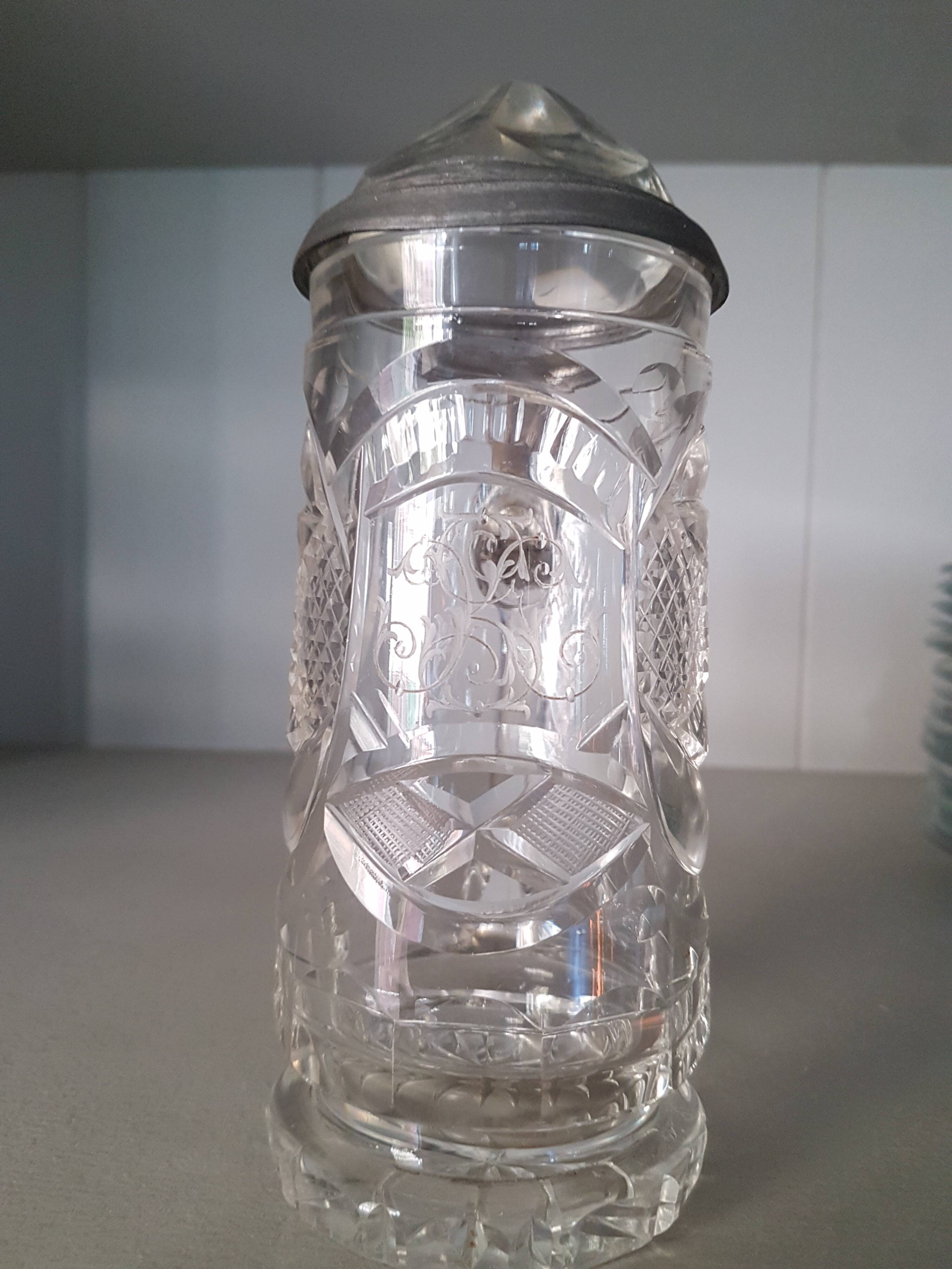 Antique engraved crystal and pewter beer mug