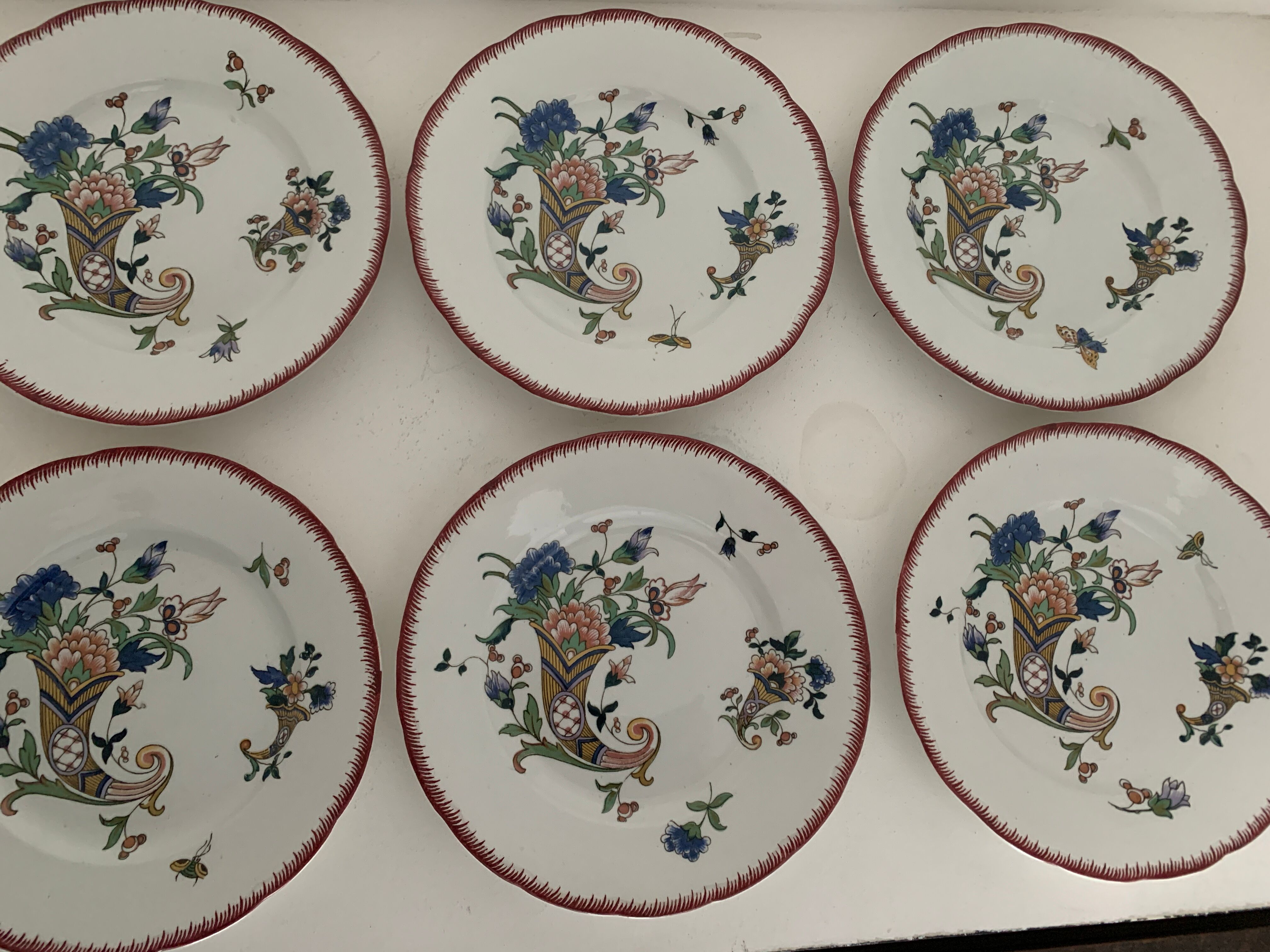 6 Sarreguemines dessert plates, cornucopia, 1928