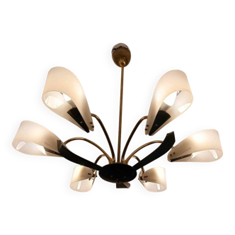 Lustre vintage à 6 bras – Style GéRue / mid-century – laiton et métal noir