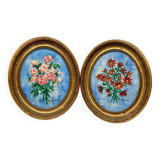 Peintures sur panneau isorel (39*33)signes cadre doré ovale bouquets de fle