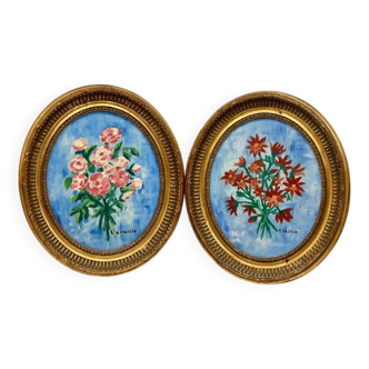 Paintings on isorel panel (39*33) signs oval golden frame bouquets of flowers