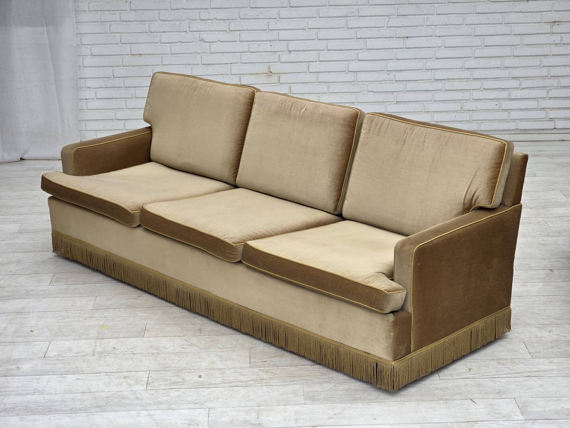 1970s, Danish 3-seater sofa, honey yellow furniture velour.