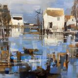 Large oil painting on canvas Camargue landscape Roger QUINTAINE 1921-2005