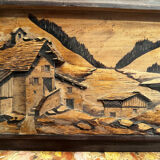 Tableau Alpin vintage années 50 - Sculpté et Pyrogravé - Ambiance Chal