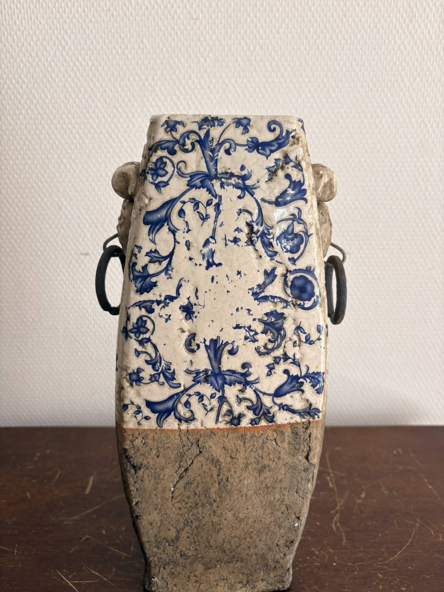 Terracotta Vase with Stanniferous Glaze, Large Fire Decoration, Lion Handle, Late 19th Century