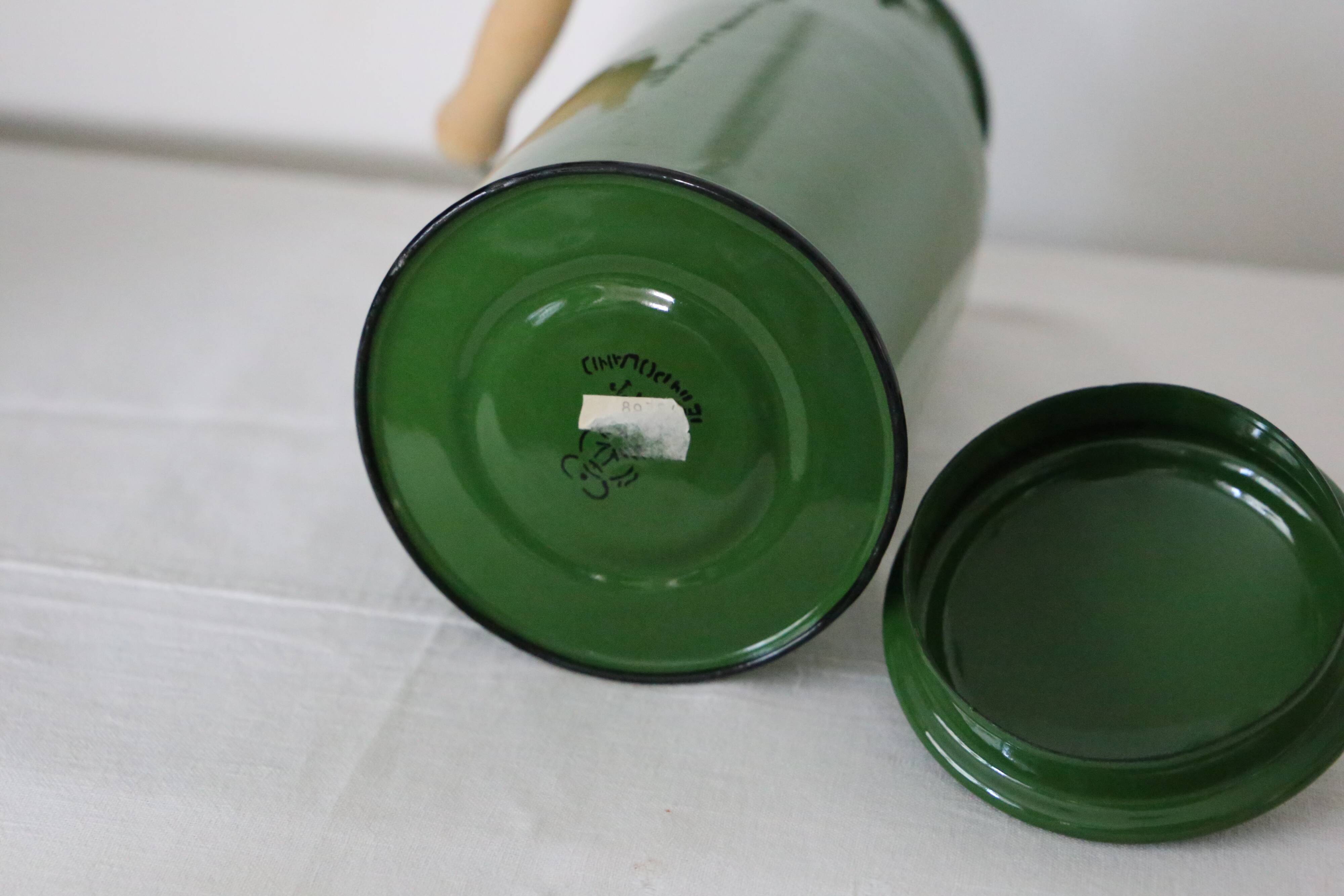 Enamelled metal milk jar, vintage