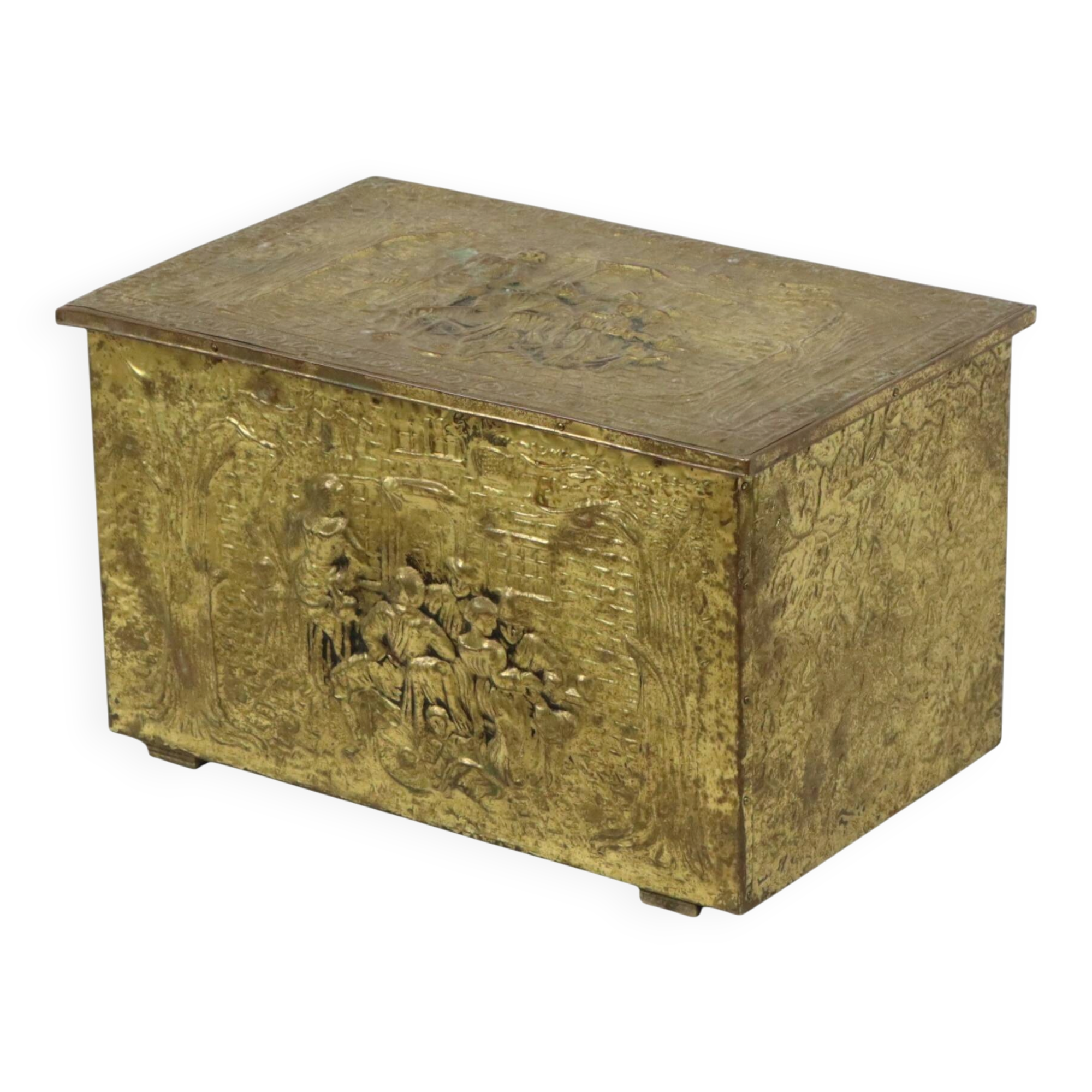 Large Repoussé Chest Coal Fireplace Brass Wood Early 20th Century