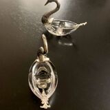 2 swan-shaped salt pots in metal and glass