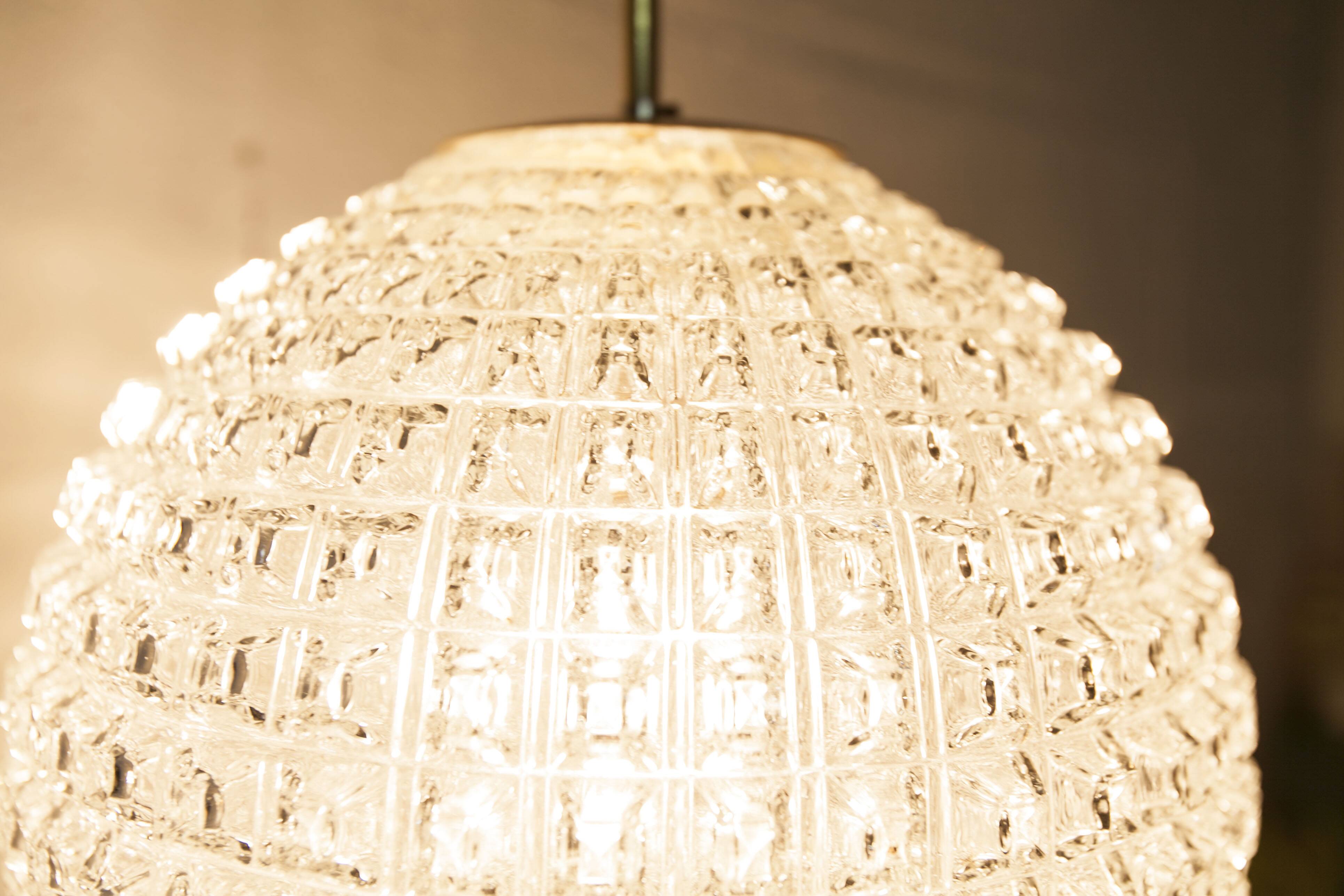 1960s Holophane Ball Pendant Chandelier, Thick Glass, 30 cm, and Vintage Brass