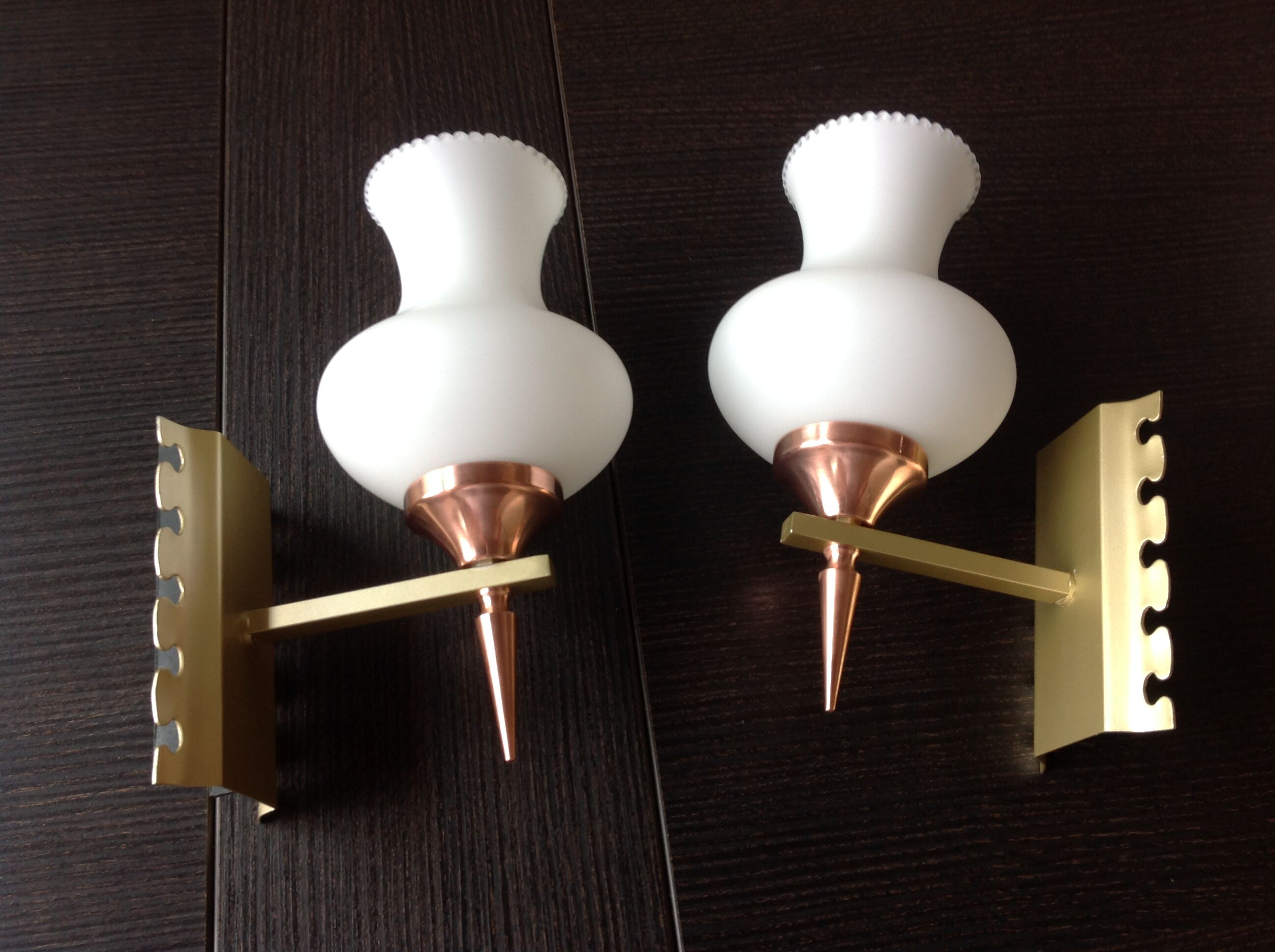 Pair of red copper and white opaline sconces 60s-70s