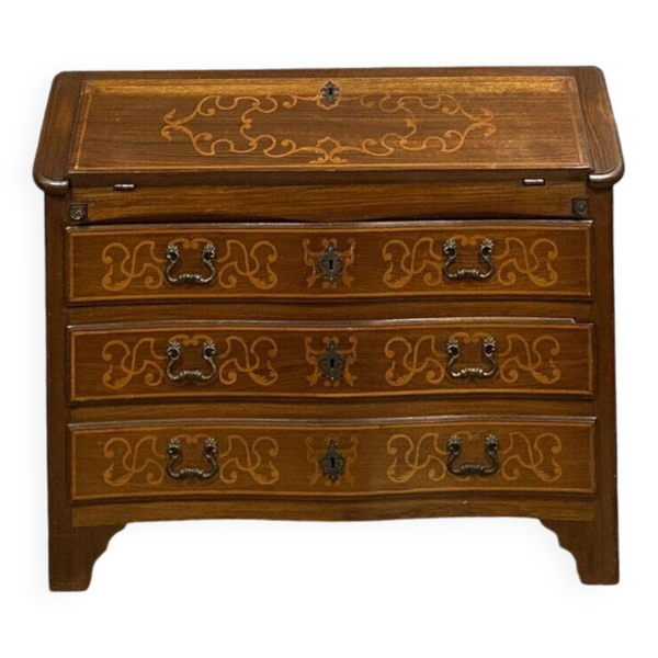 Commode scriban galbé style Louis XV en marqueterie de bois précieux vers 1900