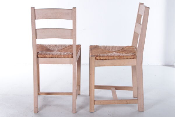 2 chaises en chêne danois avec siège en osier, années 1970