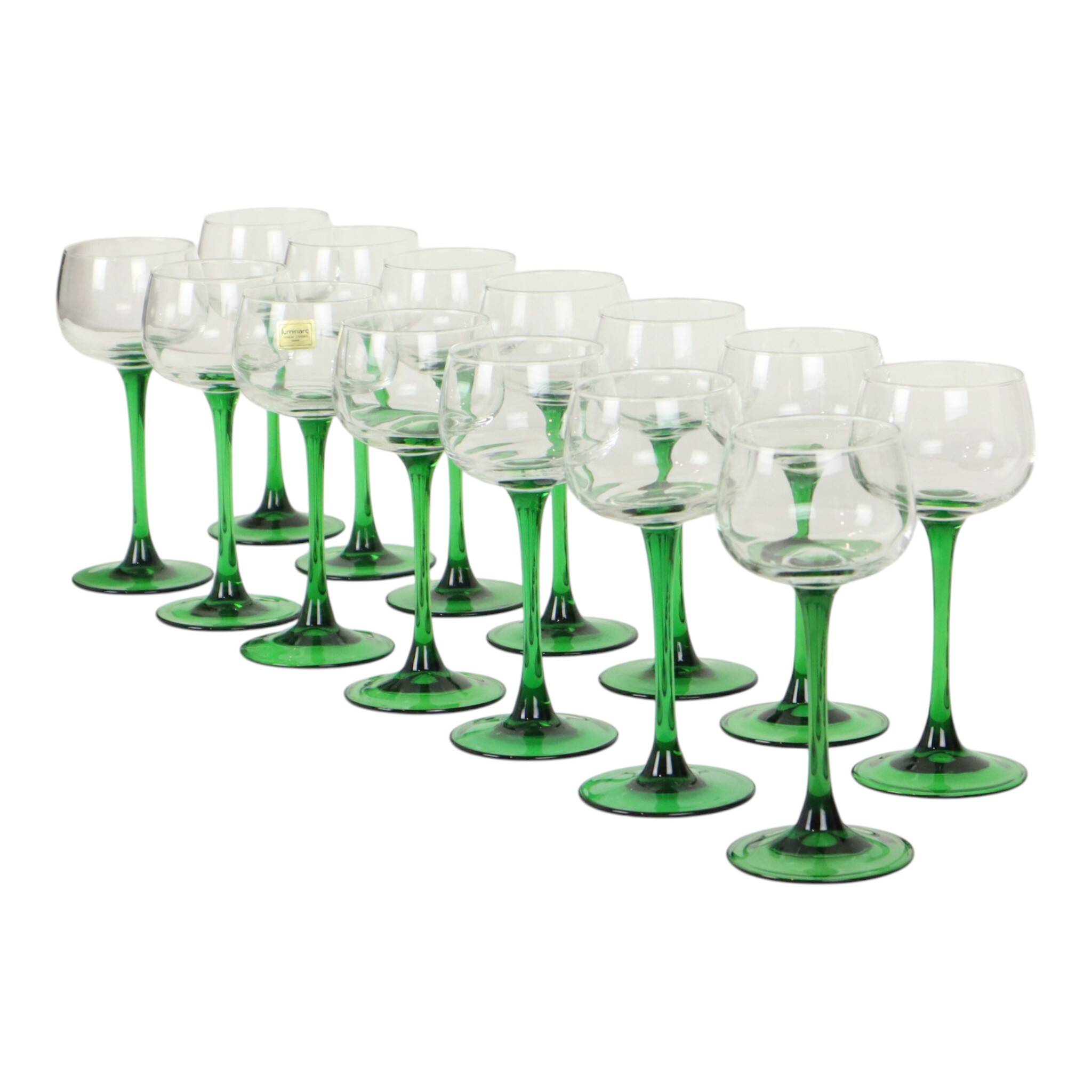 Ensemble de 14 verres à vin vintage Luminarc Alsace avec tiges vertes étroites.