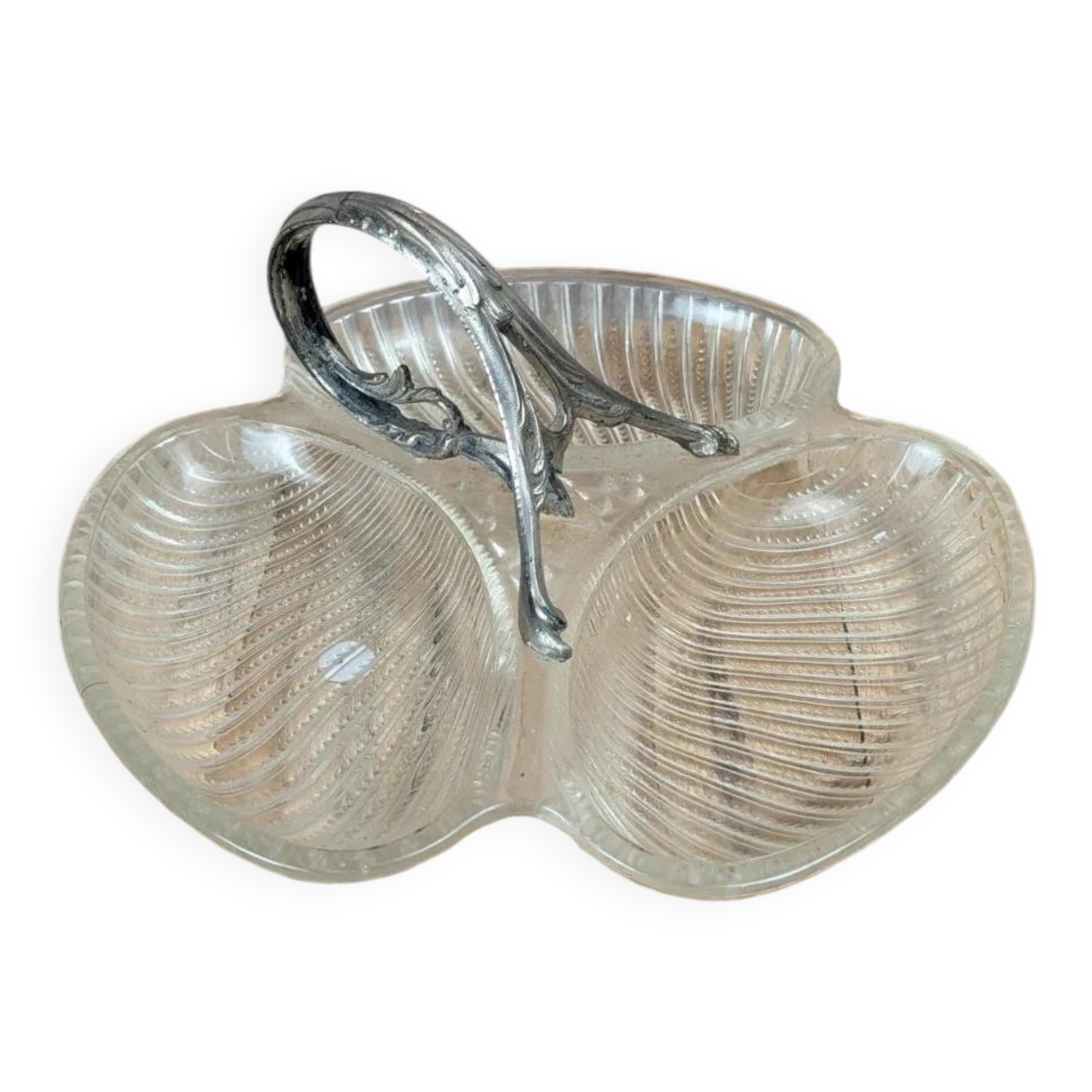 Vintage glass serving tray with silver-plated handle.