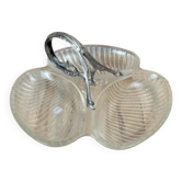 Vintage glass serving tray with silver-plated handle.