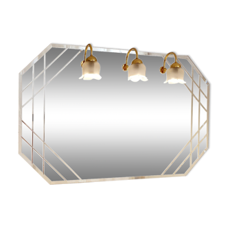 Octagonal art deco mirror with 3 wall lamps, 120x75 cm