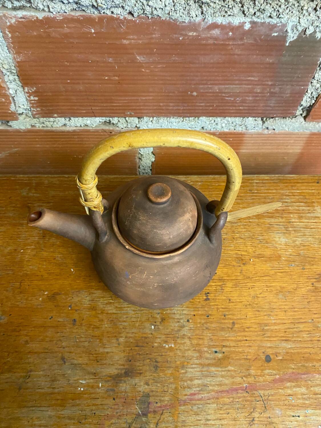 Antique terracotta teapot + bamboo handle, vintage japanese style