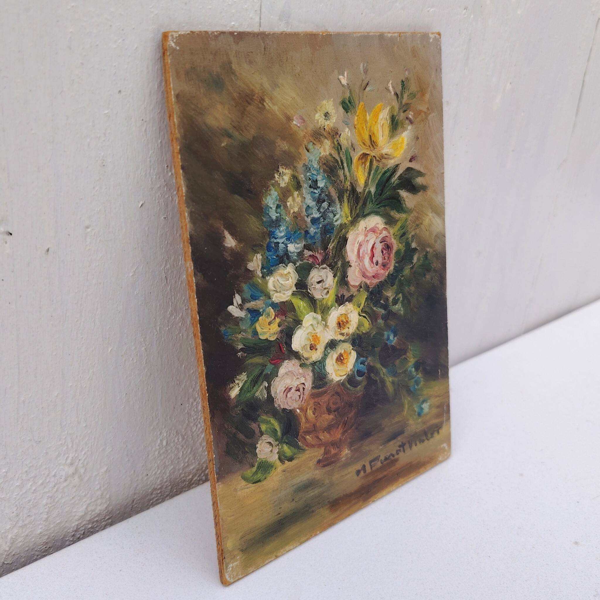 Oil on panel, bouquet of flowers, Pinot Vialet