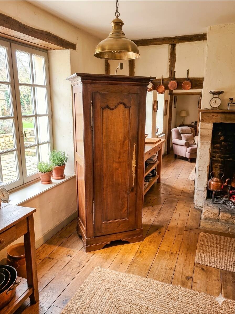Vintage Louis Philippe style bonnetière wardrobe from the 1800s in cherry wood.