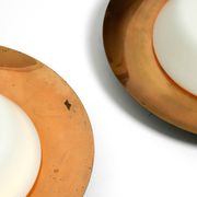 Pair of Mid Century wall or ceiling lamps made of glass with copper-plated