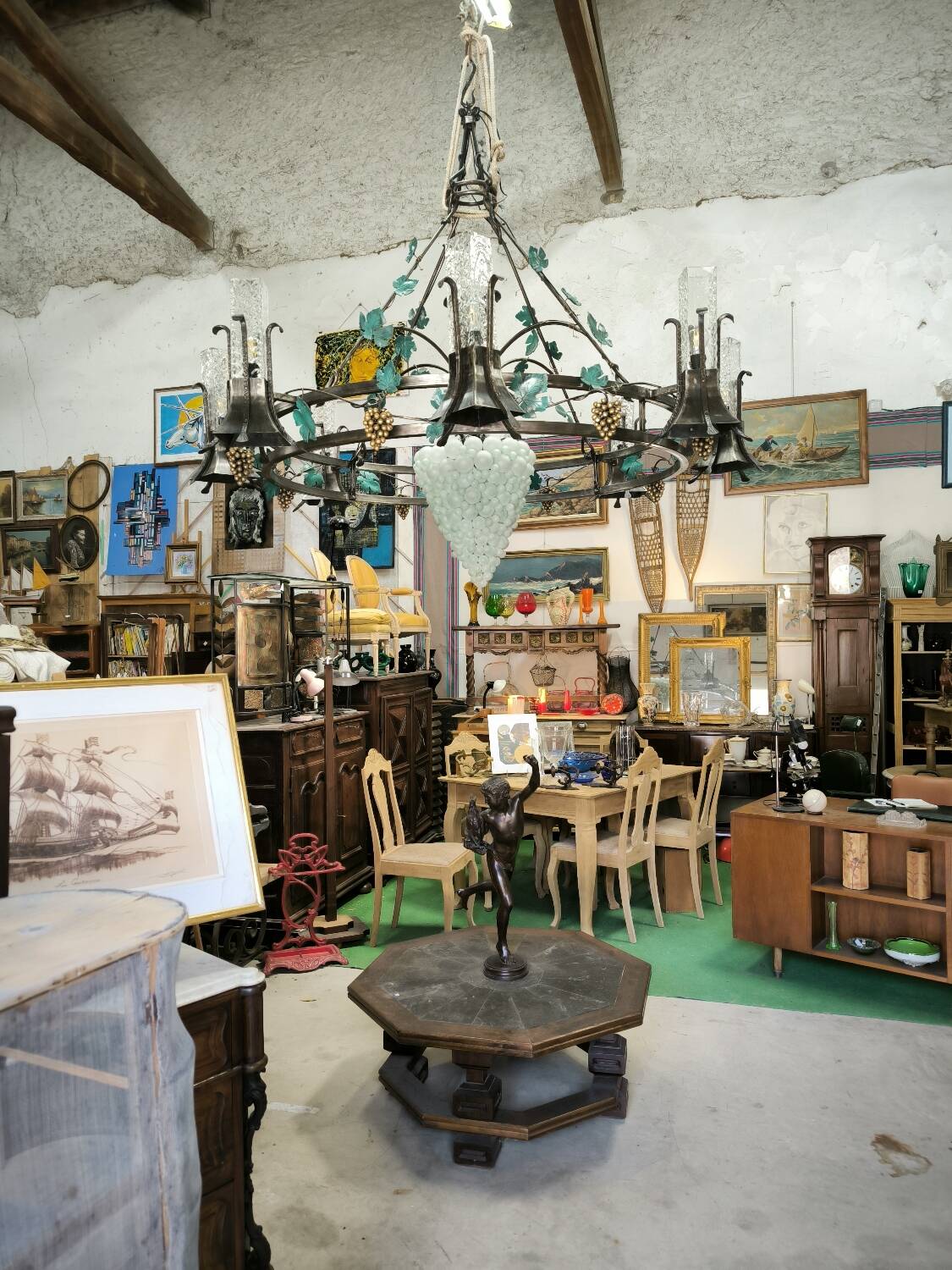 Large, heavy wrought iron and glass chandelier, circa 1980/90