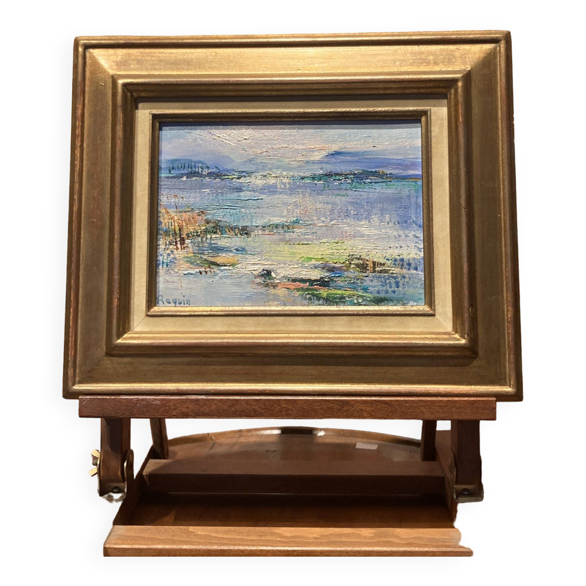 Oil on canvas framed by an abstract landscape