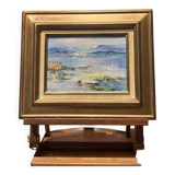 Oil on canvas framed by an abstract landscape