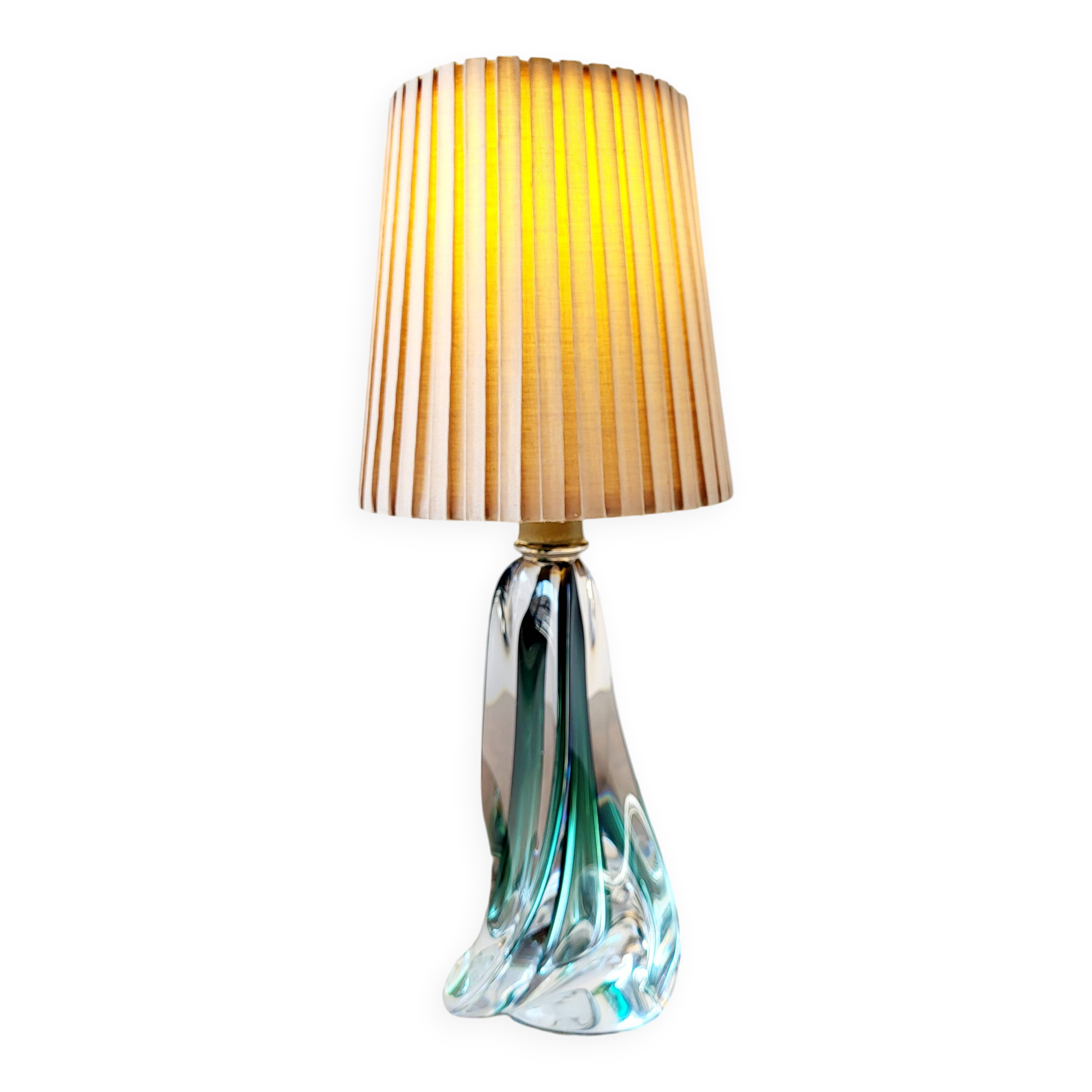 Lampe en cristal Val Saint Lambert à pied tourné, couleur verte, Belgique