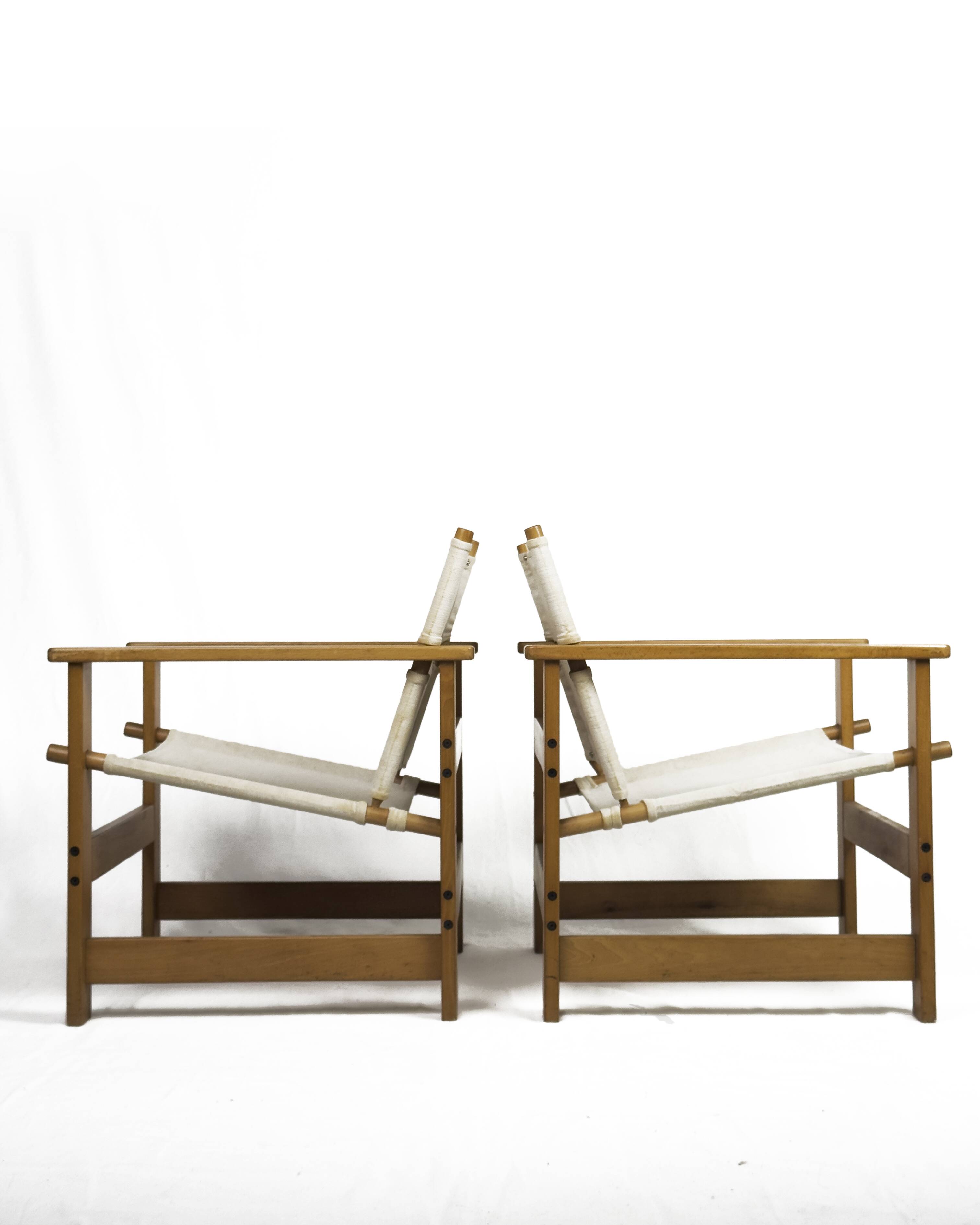 Pair of Vintage Safari Lounge Chairs in Canvas & Wood, 1970s