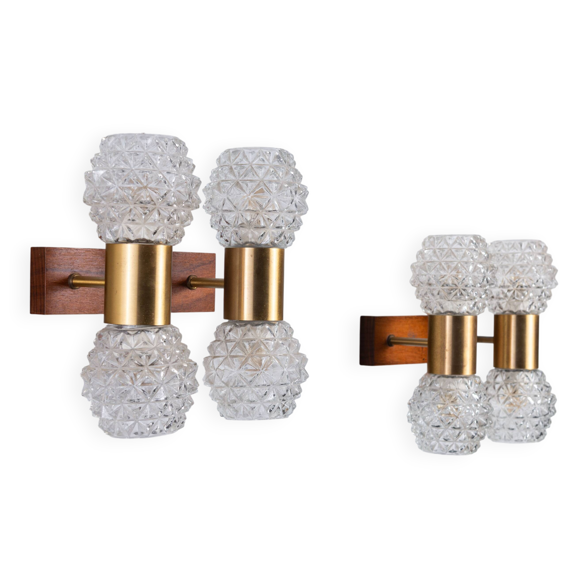 Pair of Swedish wall lamps with teak wood, brass and glass cup shade