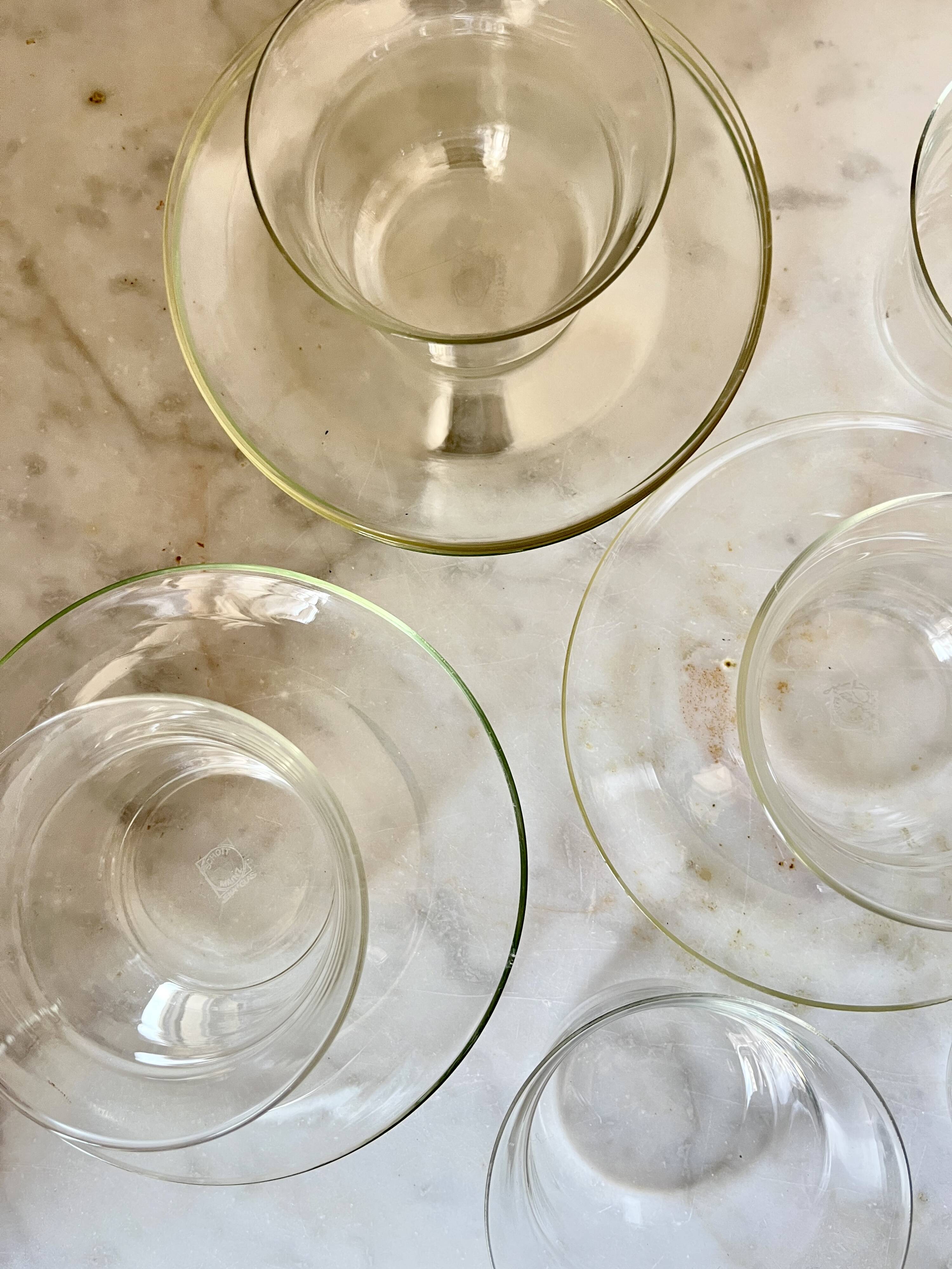 Vintage Jena Borosilicate Glass Tea Cups Set of 6 + Saucers,  GDR, 1960s