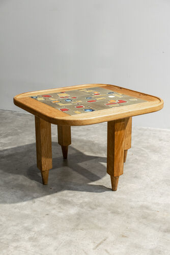 Square coffee table wood and ceramic by Guillerme and Chambron 1950'