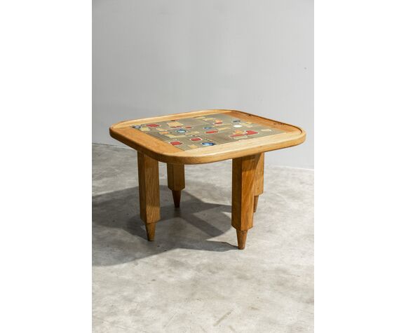 Square coffee table wood and ceramic by Guillerme and Chambron 1950'