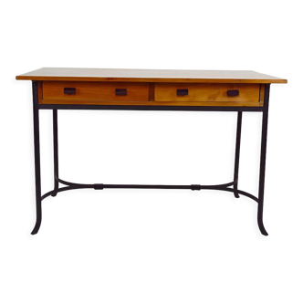 Bureau moderniste en merisier et fer forgé, circa 1980