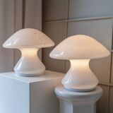 Set of 2 Murano opaline white glass mushroom table lamps with silver ring details - Space Age 1970s
