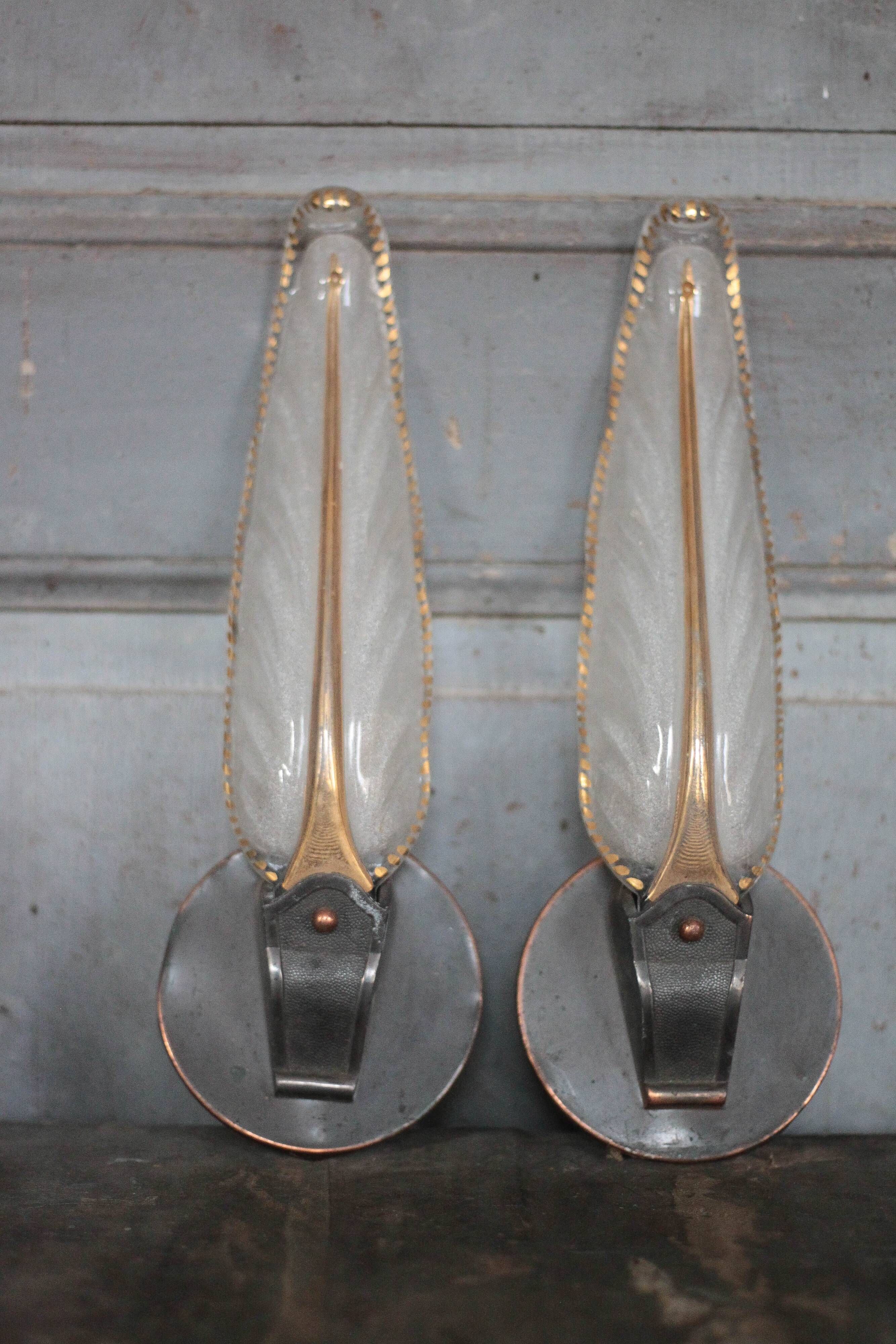 Pair of wall lights, vintage wall lamp, green patina brass wall sconce.