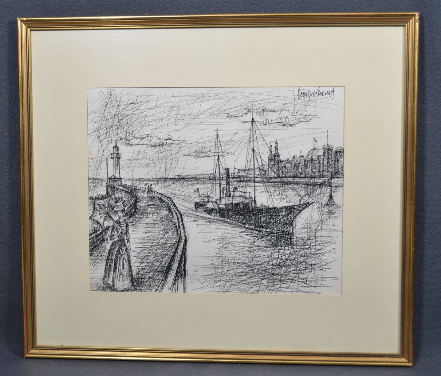 French school of the 20th century "the boat in a port with the elegant women"