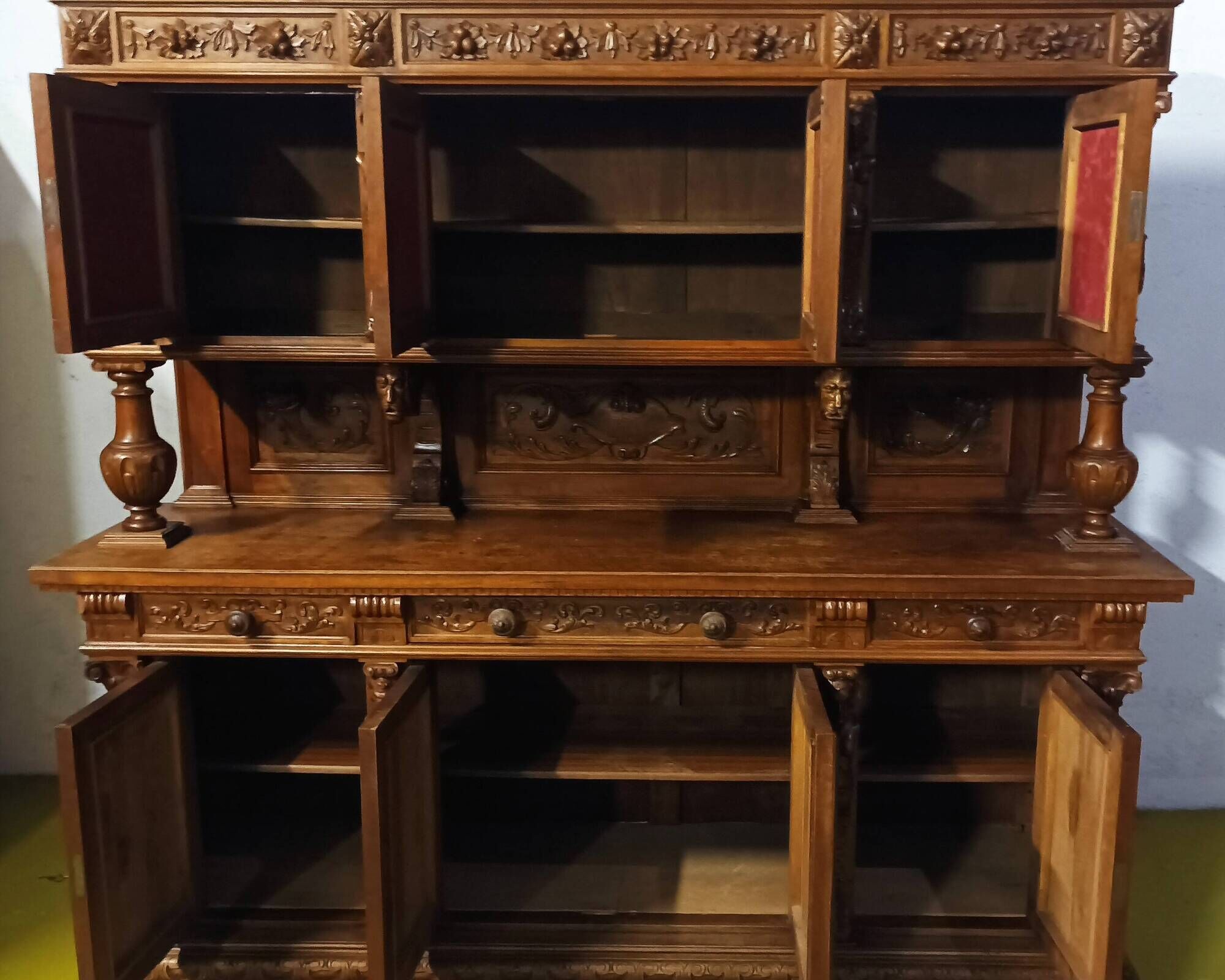 19th-century Renaissance walnut two-body buffet