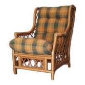 Fauteuil vintage en bambou et rotin façon tartan