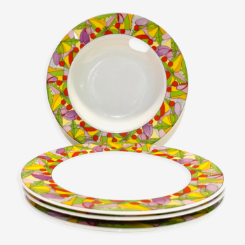 4 assiettes creuses en porcelaine motif multico Lubiana