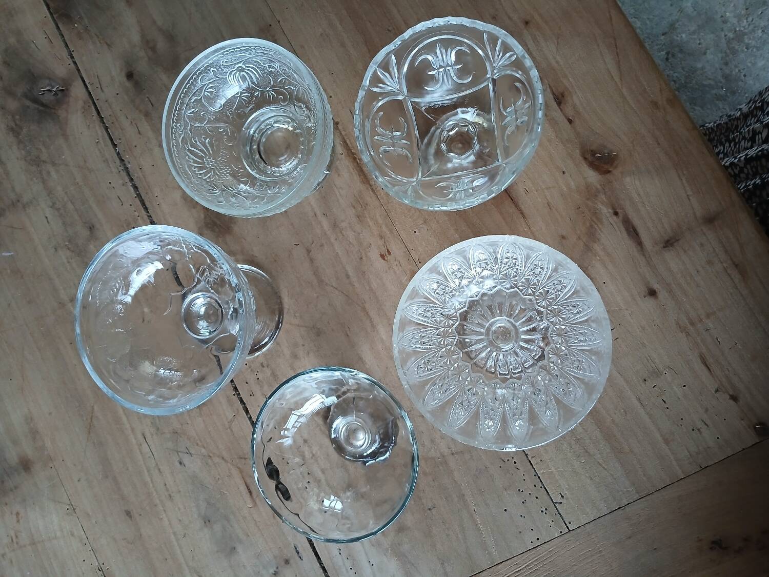 5 antique clear glass cups