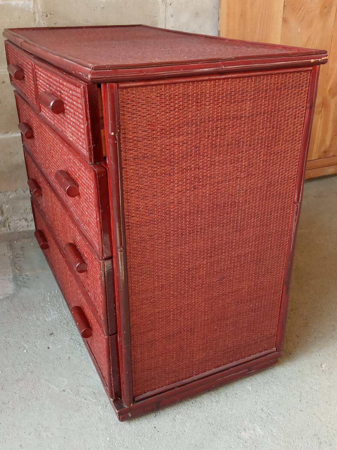 Vintage red lacquered rattan chest of drawers