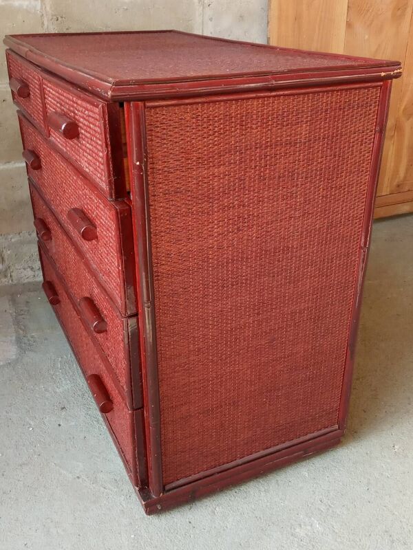 Commode vintage en rotin laquée rouge