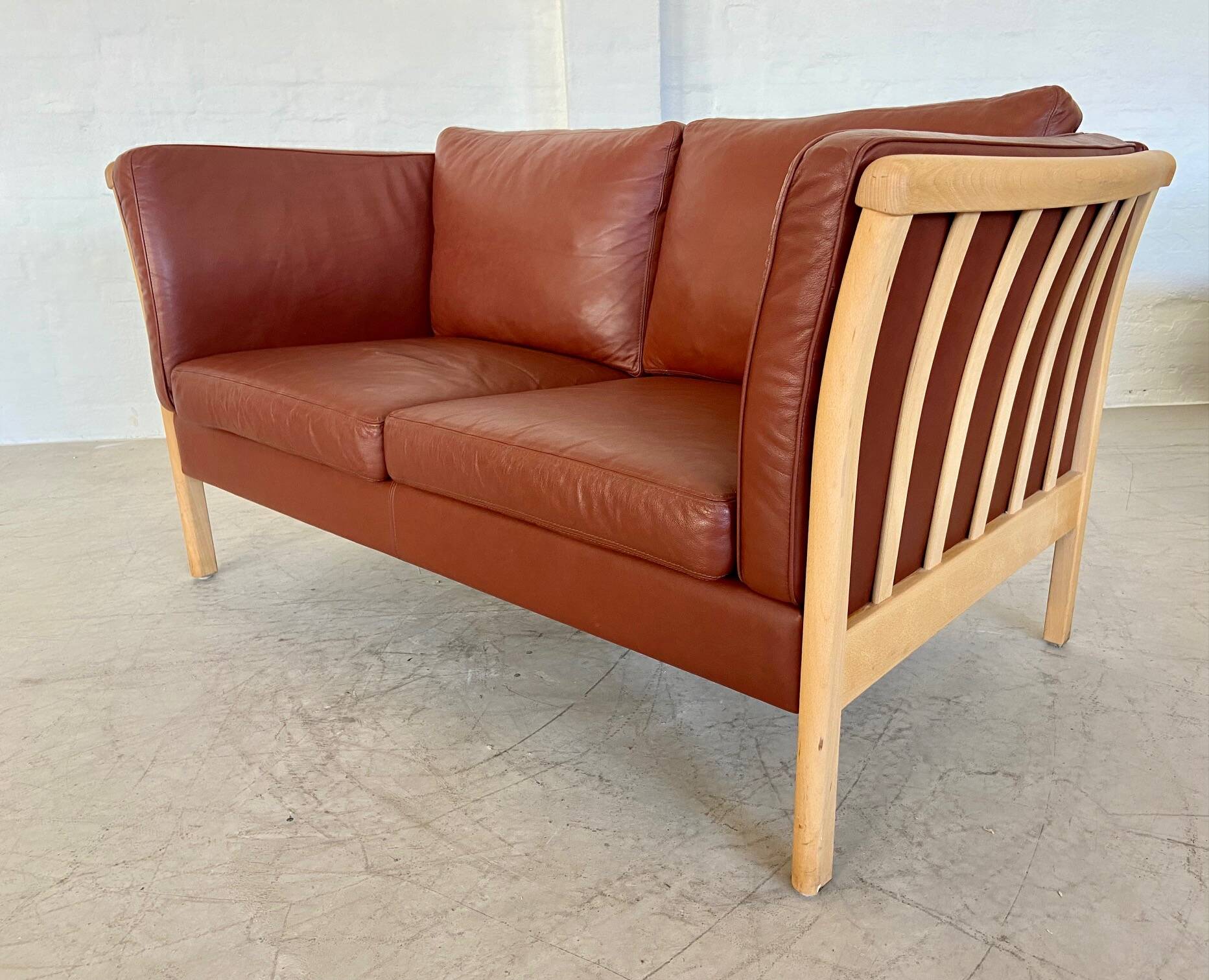 VINTAGE DANISH MID CENTURY DARK COGNAC LEATHER 2 SEATER STOUBY SOFA